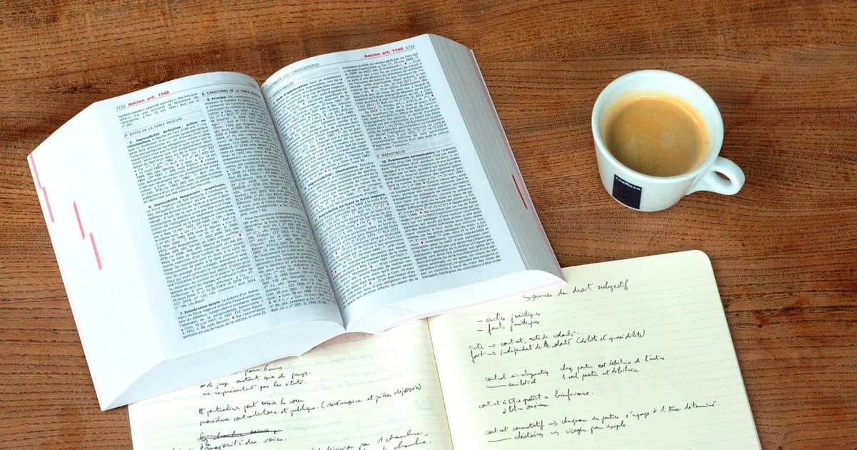 Un code juridique français ouvert et annoté, posé près d’un cahier de notes manuscrites et d’une tasse de café.
